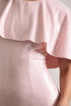 Amelie | Pastel Pink Sequin Midi Dress With Cape
