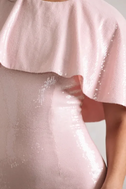 Amelie | Pastel Pink Sequin Midi Dress With Cape