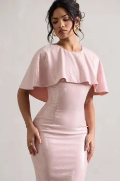 Amelie | Pastel Pink Sequin Midi Dress With Cape