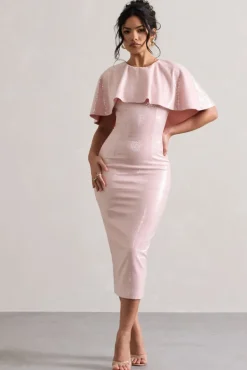 Amelie | Pastel Pink Sequin Midi Dress With Cape