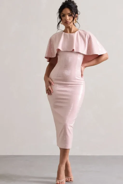 Amelie | Pastel Pink Sequin Midi Dress With Cape