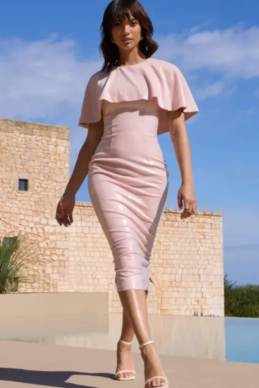 Amelie | Pastel Pink Sequin Midi Dress With Cape