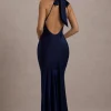 Amelita | Navy Satin Cowl-Neck Fishtail Maxi Dress