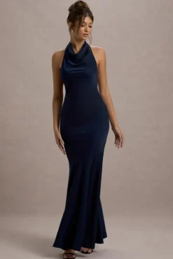 Amelita | Navy Satin Cowl-Neck Fishtail Maxi Dress