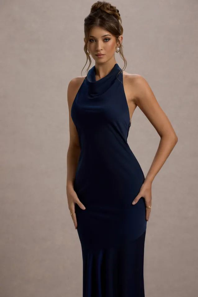 Amelita | Navy Satin Cowl-Neck Fishtail Maxi Dress