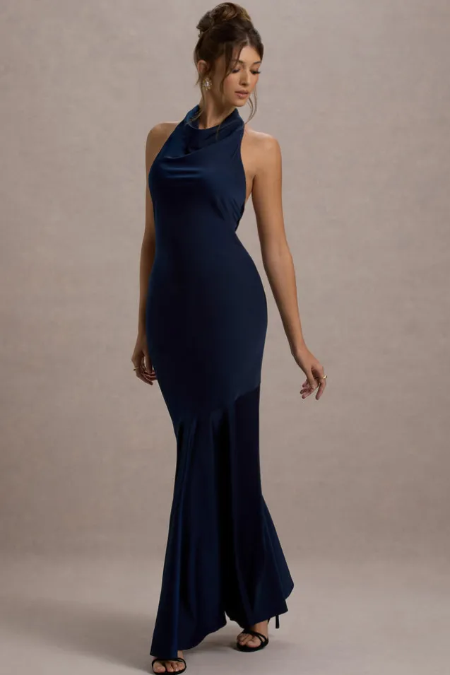 Amelita | Navy Satin Cowl-Neck Fishtail Maxi Dress