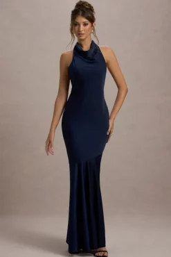 Amelita | Navy Satin Cowl-Neck Fishtail Maxi Dress