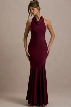 Amelita | Port Satin Cowl-Neck Fishtail Maxi Dress