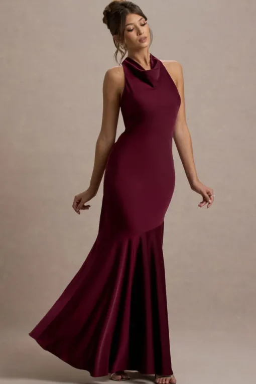 Amelita | Port Satin Cowl-Neck Fishtail Maxi Dress