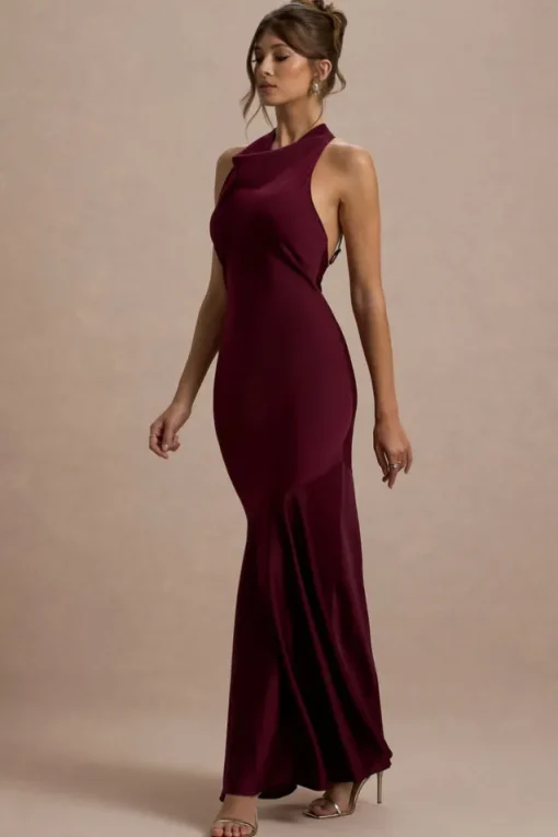 Amelita | Port Satin Cowl-Neck Fishtail Maxi Dress