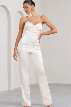 Amiah | Cream Satin Strapless Straight-Leg Jumpsuit