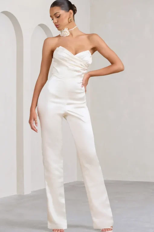 Amiah | Cream Satin Strapless Straight-Leg Jumpsuit