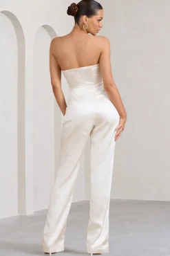 Amiah | Cream Satin Strapless Straight-Leg Jumpsuit