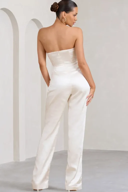 Amiah | Cream Satin Strapless Straight-Leg Jumpsuit