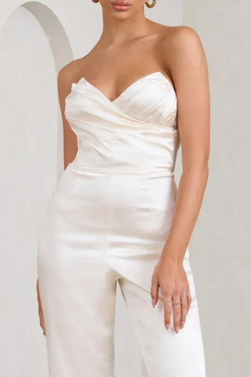 Amiah | Cream Satin Strapless Straight-Leg Jumpsuit