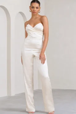 Amiah | Cream Satin Strapless Straight-Leg Jumpsuit