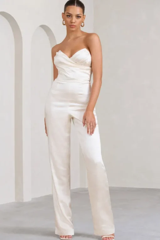 Amiah | Cream Satin Strapless Straight-Leg Jumpsuit