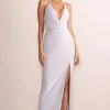 Amira | Silver Plunge Neck Cowl Back Maxi Dress With Diamante Trim