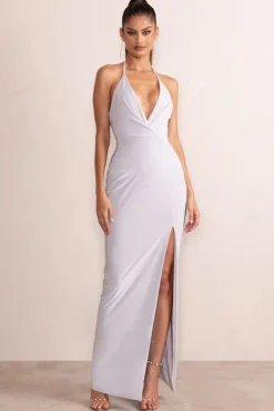 Amira | Silver Plunge Neck Cowl Back Maxi Dress With Diamante Trim