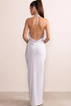 Amira | Silver Plunge Neck Cowl Back Maxi Dress With Diamante Trim