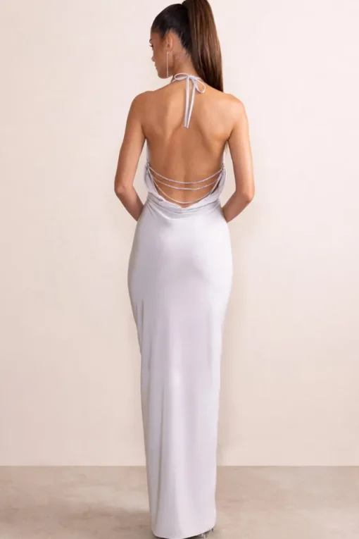 Amira | Silver Plunge Neck Cowl Back Maxi Dress With Diamante Trim