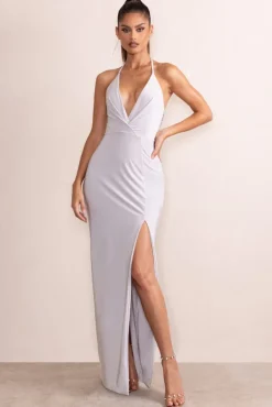 Amira | Silver Plunge Neck Cowl Back Maxi Dress With Diamante Trim