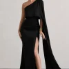 Amora | Black Satin Asymmetric Cape-Sleeve Split Maxi Dress