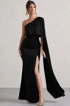 Amora | Black Satin Asymmetric Cape-Sleeve Split Maxi Dress