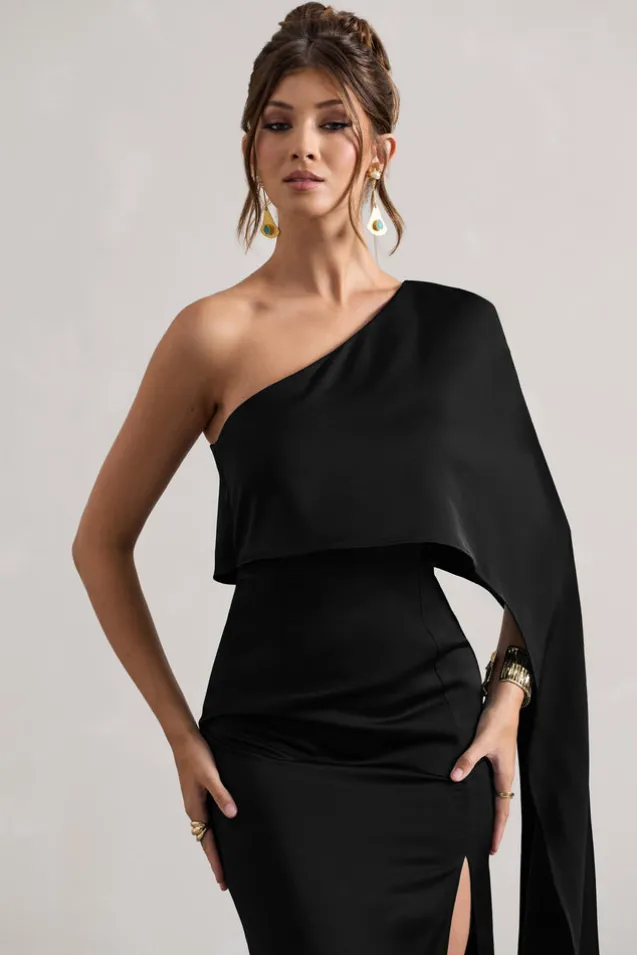 Amora | Black Satin Asymmetric Cape-Sleeve Split Maxi Dress
