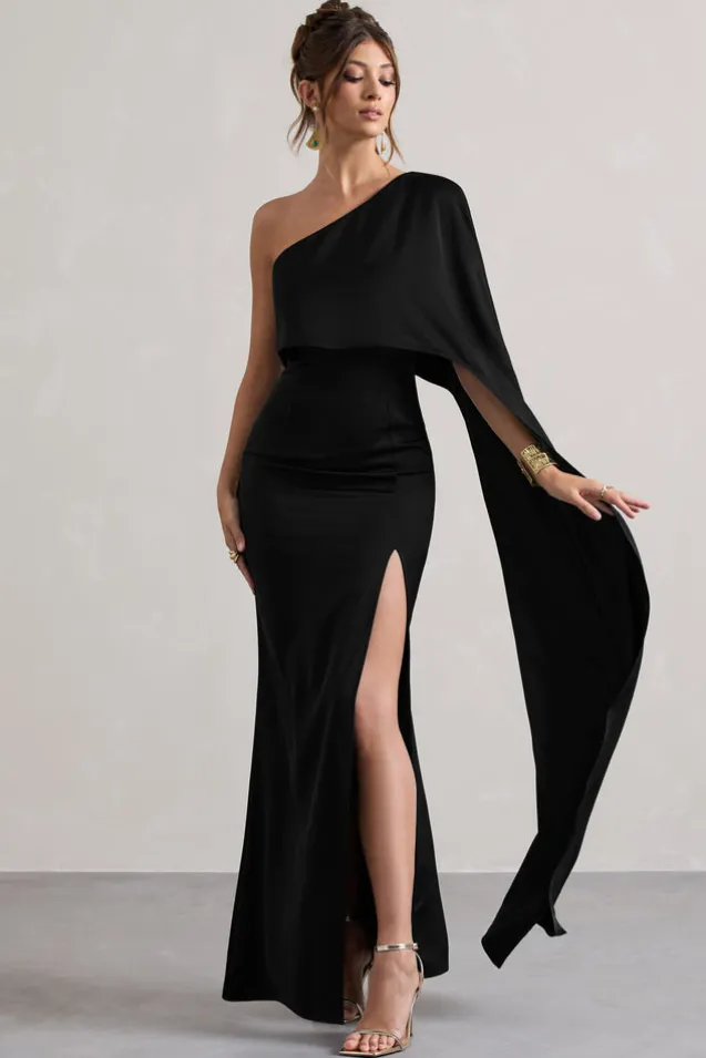 Amora | Black Satin Asymmetric Cape-Sleeve Split Maxi Dress