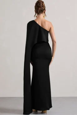 Amora | Black Satin Asymmetric Cape-Sleeve Split Maxi Dress