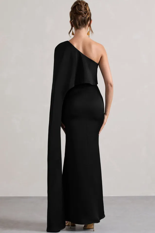 Amora | Black Satin Asymmetric Cape-Sleeve Split Maxi Dress