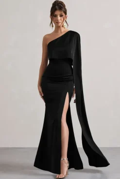Amora | Black Satin Asymmetric Cape-Sleeve Split Maxi Dress