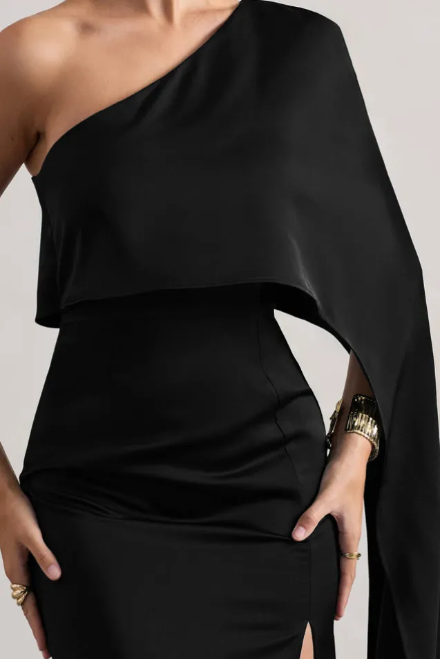 Amora | Black Satin Asymmetric Cape-Sleeve Split Maxi Dress