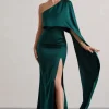 Amora | Bottle Green Satin Asymmetric Cape-Sleeve Split Maxi Dress