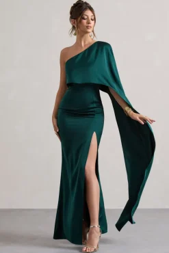 Amora | Bottle Green Satin Asymmetric Cape-Sleeve Split Maxi Dress