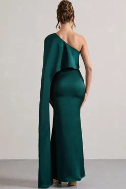 Amora | Bottle Green Satin Asymmetric Cape-Sleeve Split Maxi Dress