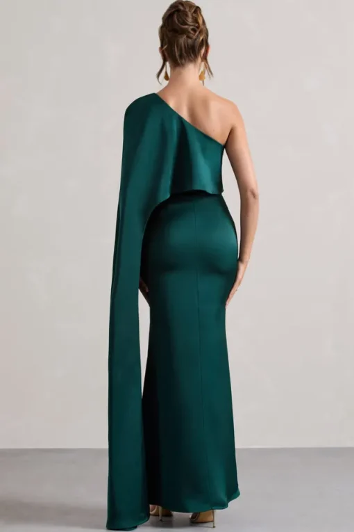 Amora | Bottle Green Satin Asymmetric Cape-Sleeve Split Maxi Dress