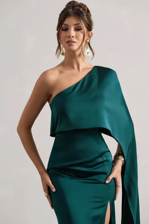 Amora | Bottle Green Satin Asymmetric Cape-Sleeve Split Maxi Dress
