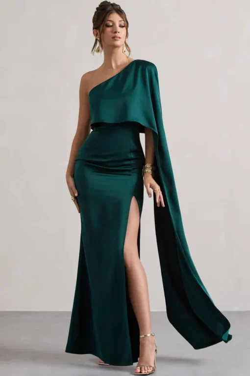 Amora | Bottle Green Satin Asymmetric Cape-Sleeve Split Maxi Dress