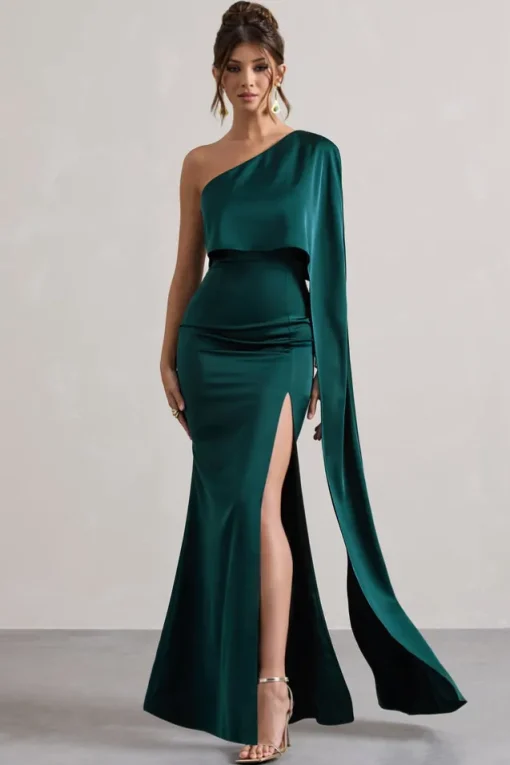 Amora | Bottle Green Satin Asymmetric Cape-Sleeve Split Maxi Dress