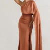 Amora | Rust Satin Asymmetric Cape-Sleeve Split Maxi Dress