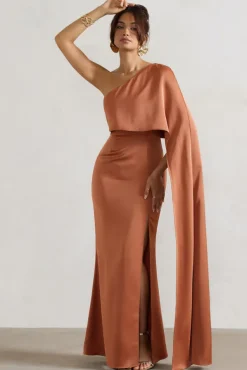 Amora | Rust Satin Asymmetric Cape-Sleeve Split Maxi Dress