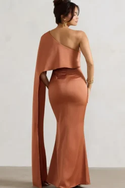 Amora | Rust Satin Asymmetric Cape-Sleeve Split Maxi Dress