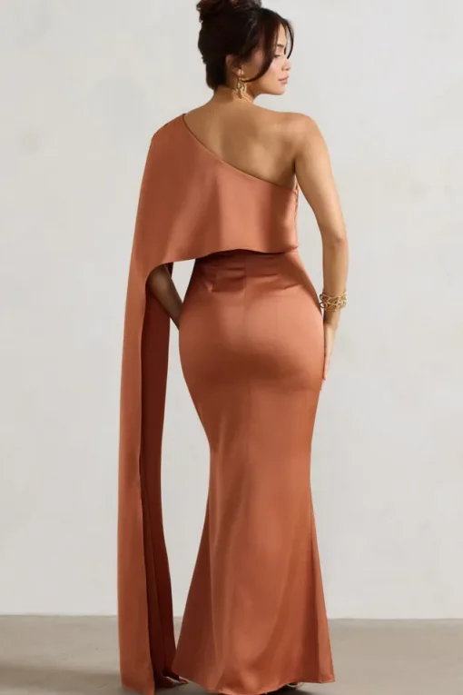 Amora | Rust Satin Asymmetric Cape-Sleeve Split Maxi Dress