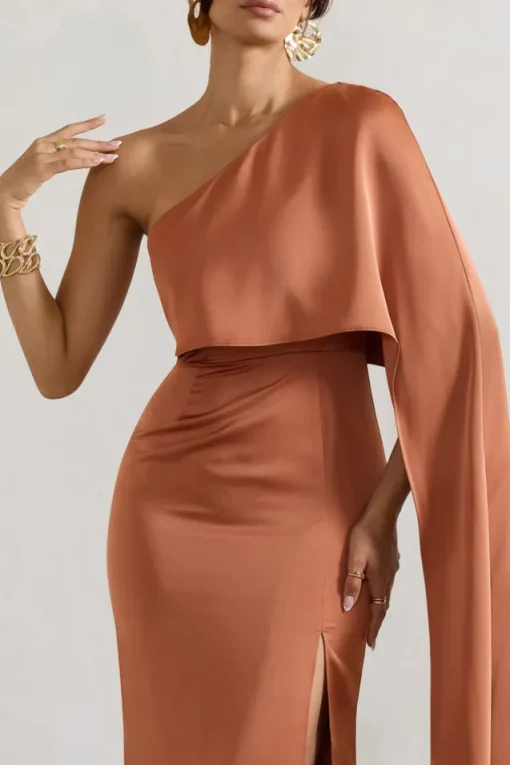 Amora | Rust Satin Asymmetric Cape-Sleeve Split Maxi Dress