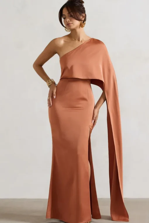 Amora | Rust Satin Asymmetric Cape-Sleeve Split Maxi Dress