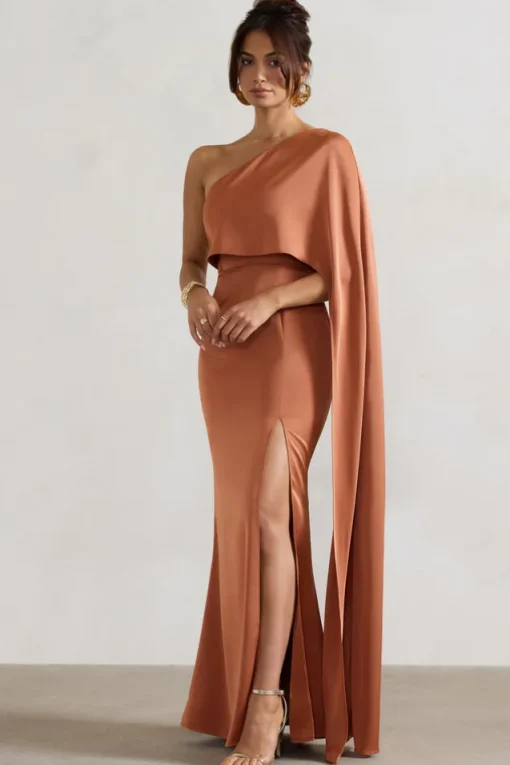 Amora | Rust Satin Asymmetric Cape-Sleeve Split Maxi Dress