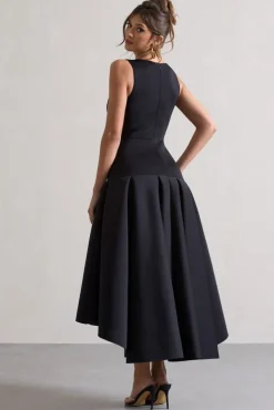 Amoret | Black Plunge-Neck Maxi Dress With Volume Hem