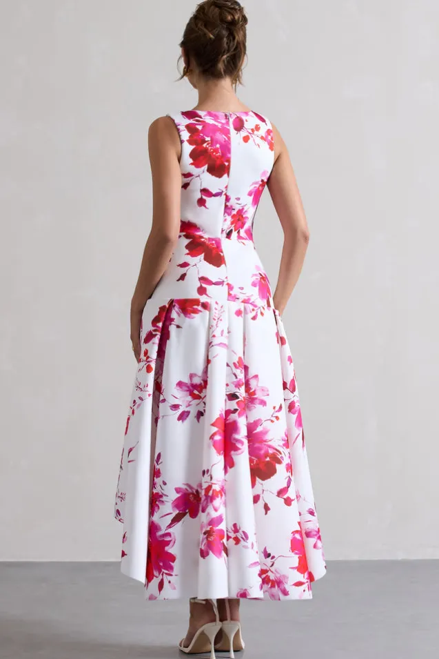Amoret | Pink Floral Print Plunge-Neck Maxi Dress With Volume Hem